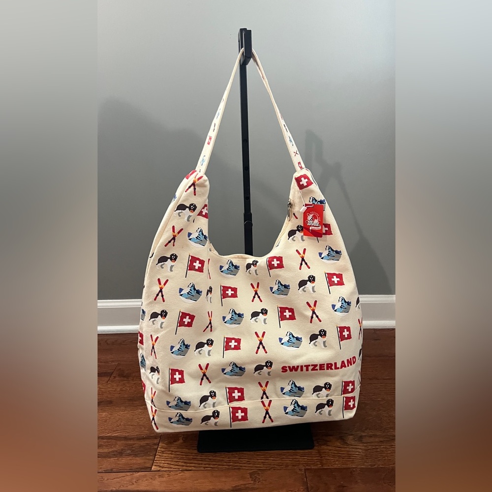 NWT- Swiss Hobo Canvas Bag with Swiss flags and St. Bernard dogs.